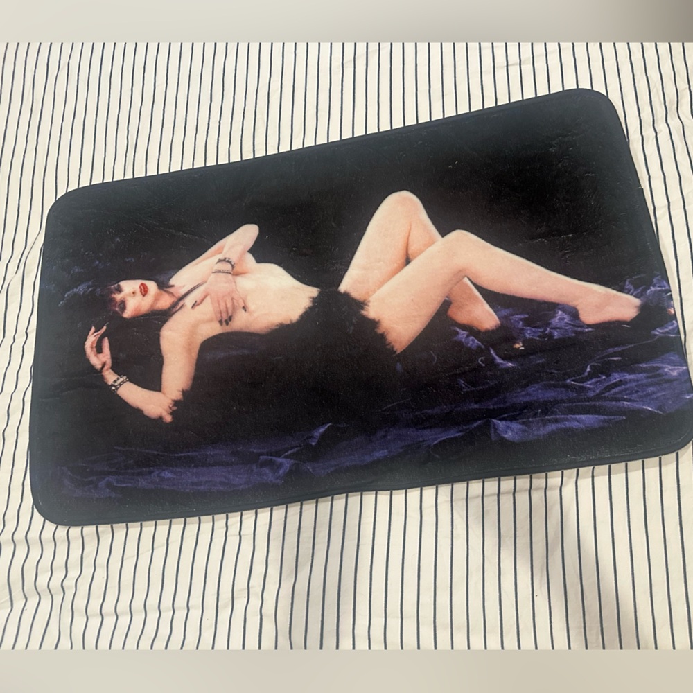 Vintage Elvira Pinup  Graphic Bath Mat in Black and Purple